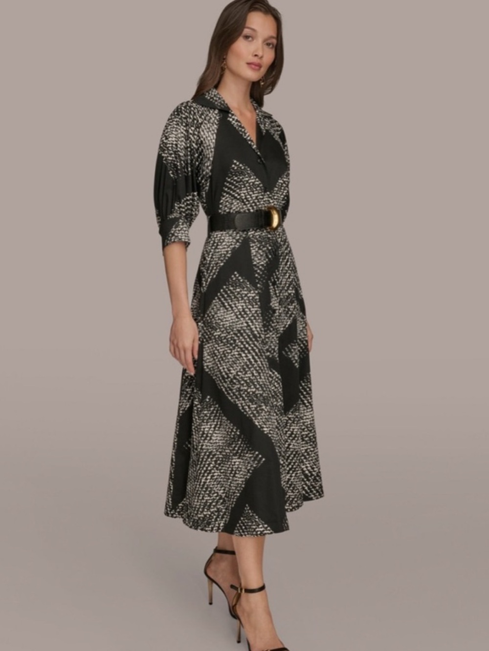 Donna Karan Black and White Printed Midi Dress